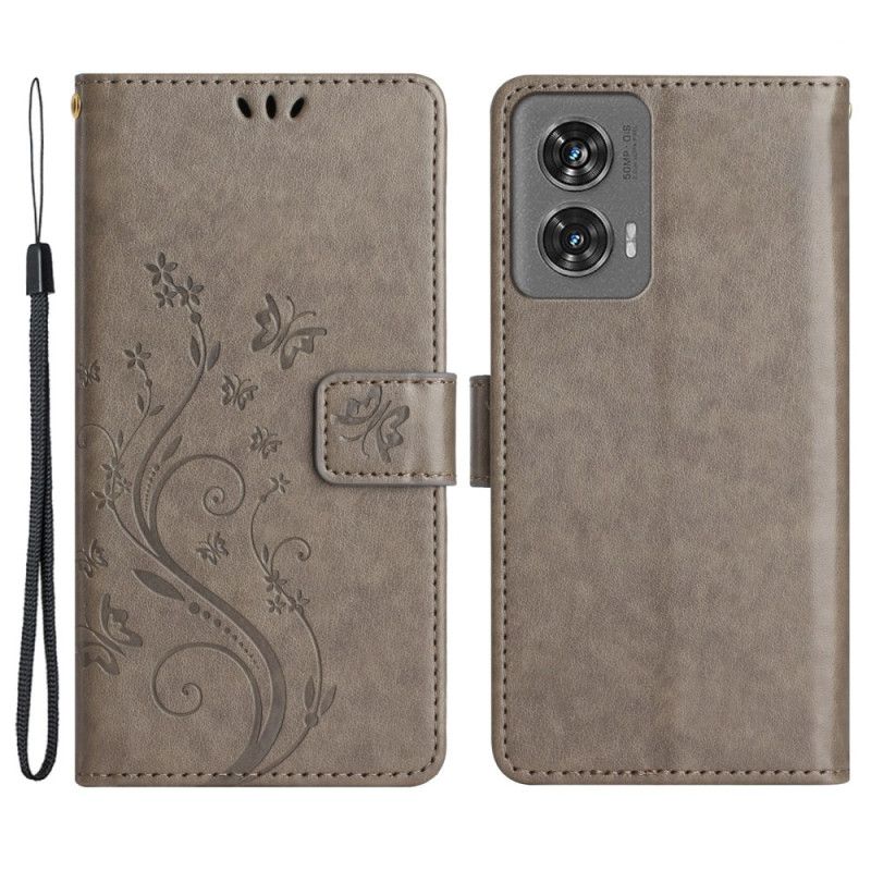 Kožený Kryt Motorola Edge 50 Fusion Květiny A Motýli