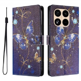 Kožený Kryt Xiaomi 15t Pro Zlatí A Modří Motýli