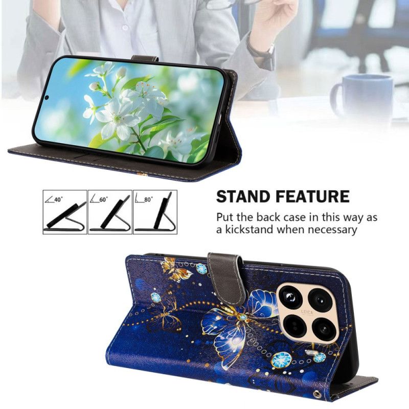 Kožený Kryt Xiaomi 15t Pro Zlatí A Modří Motýli