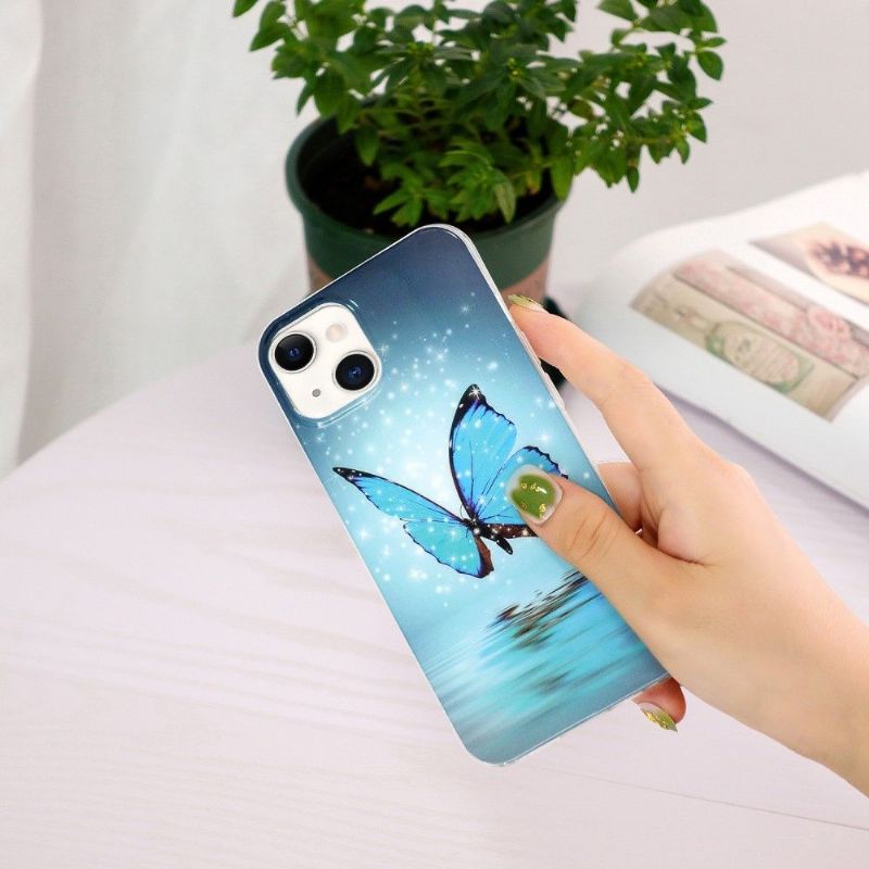Kryt Na iPhone 13 Fluorescenční Modrý Motýl