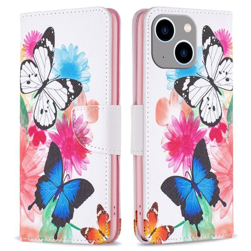 Flipové Pouzdro Na iPhone 15 Plus Akvareloví Motýli