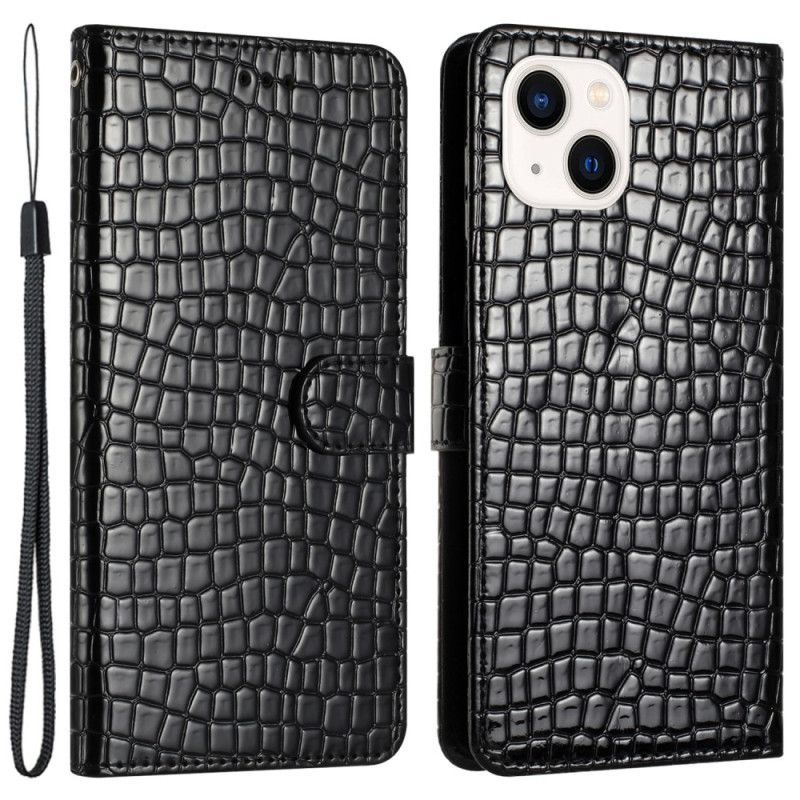 Flipové Pouzdro Na iPhone 15 Plus Krokodýlí Styl S Popruhem