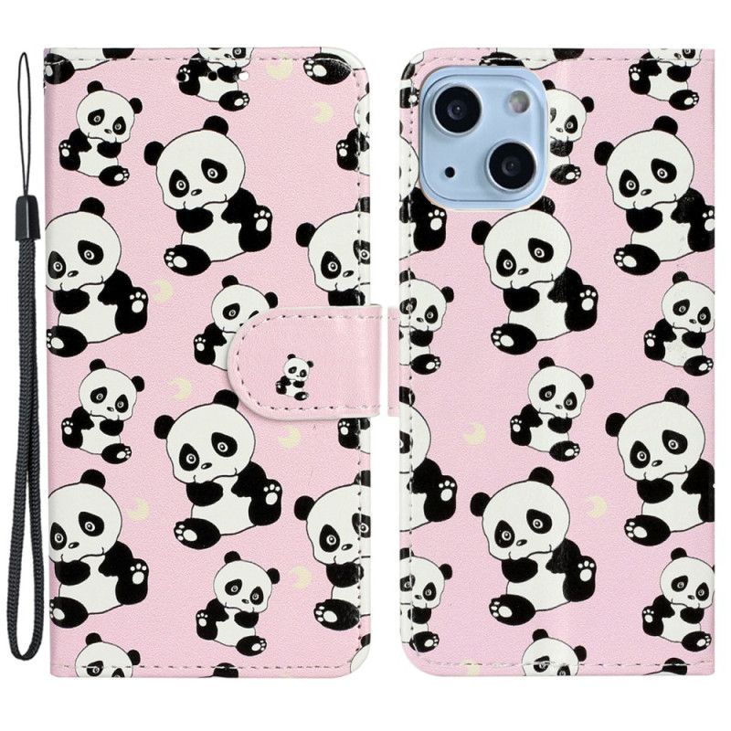 Flipové Pouzdro Na iPhone 15 Plus Na Lana Malé Pandy S Popruhem