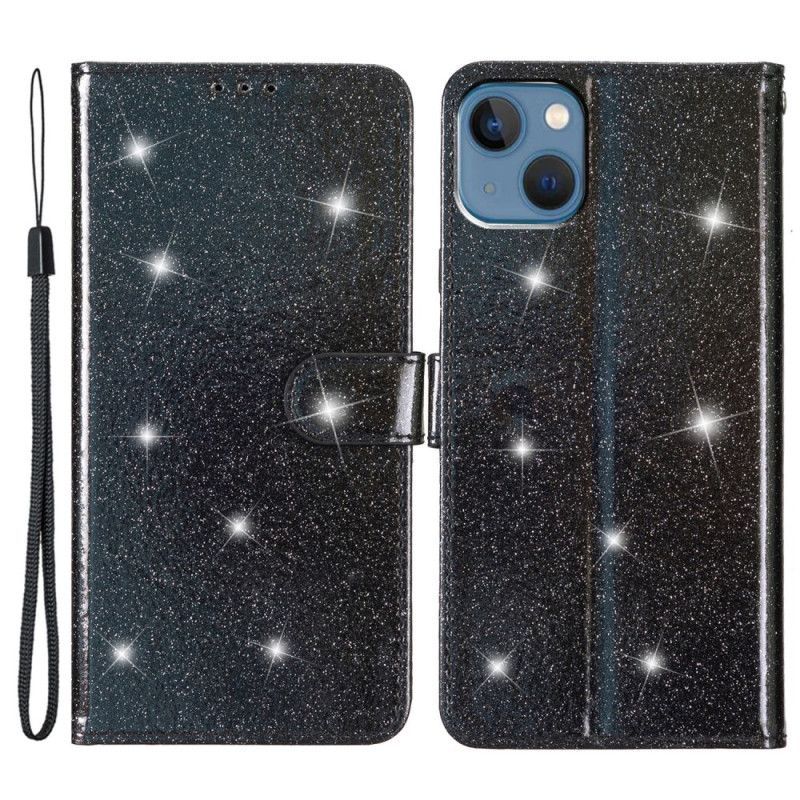 Flipové Pouzdro Na iPhone 15 Plus Na Lana Třpytivý Efekt S Páskem