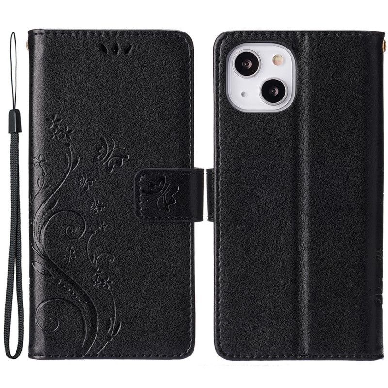 Kožené Pouzdro Na iPhone 15 Plus Květiny A Motýli