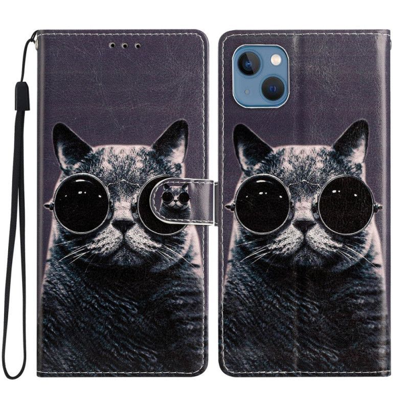 Kožené Pouzdro Na iPhone 15 Plus Na Lana Kočka S Brýlemi Na Řemínku