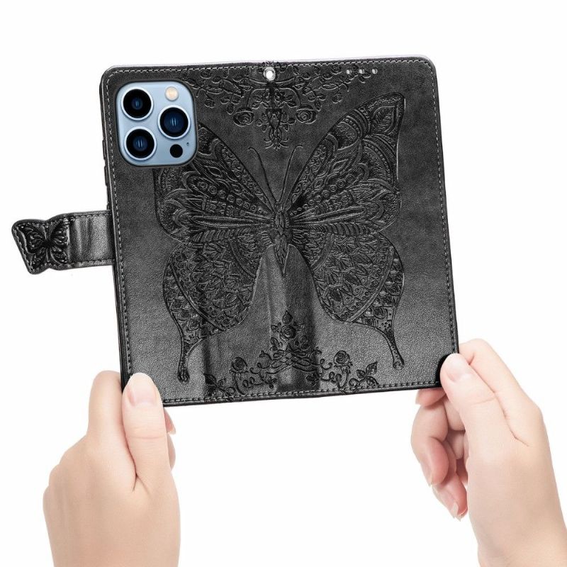 Kožené Pouzdro Na iPhone 13 Pro Max Reliéfní Motýl