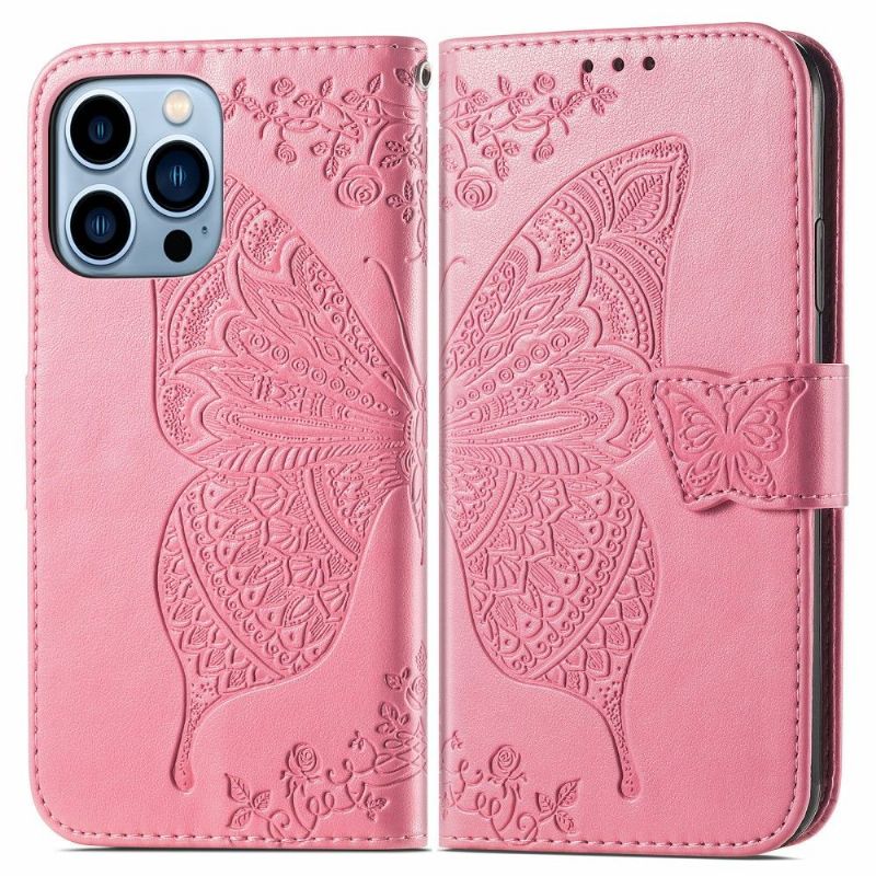 Kožené Pouzdro Na iPhone 13 Pro Max Reliéfní Motýl