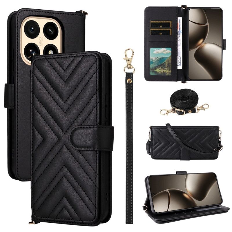 Kožený Kryt Na Xiaomi 15t Prošívané S Ramenním A Zápěstním Popruhem