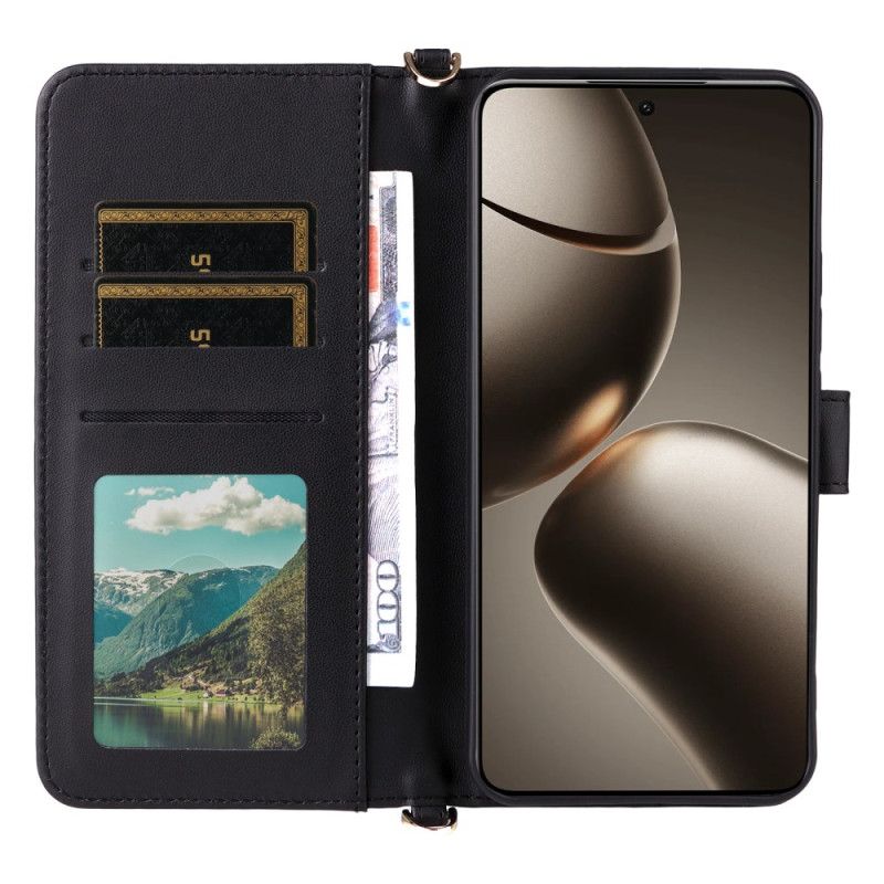 Kožený Kryt Na Xiaomi 15t Prošívané S Ramenním A Zápěstním Popruhem