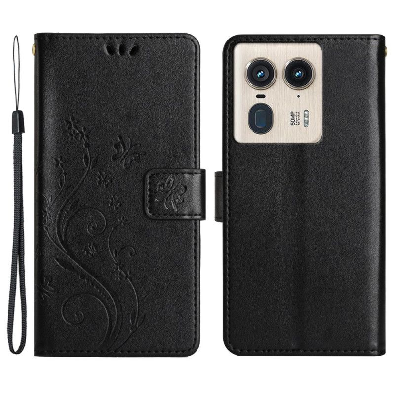 Kožený Kryt Motorola Edge 50 Ultra Motýli A Květiny