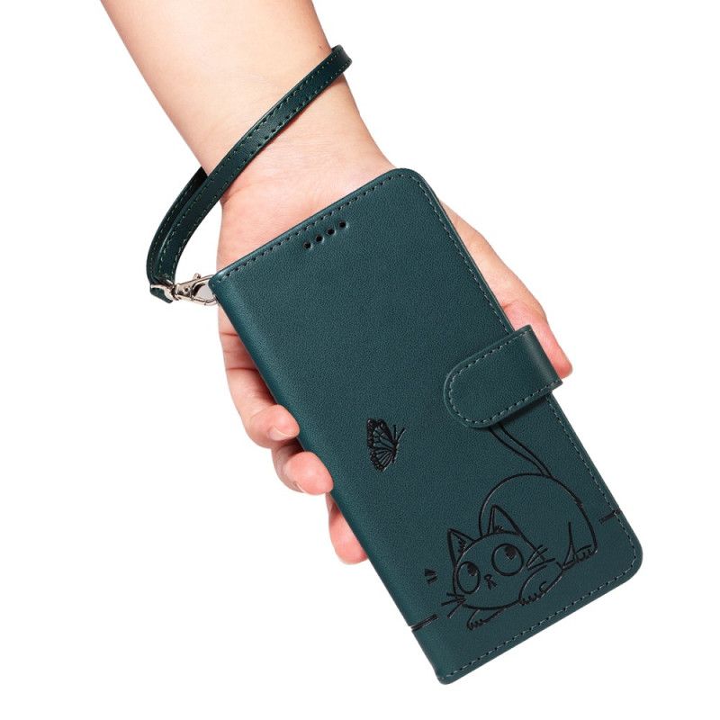 Kožený Kryt Samsung Galaxy S25 Fe Kočičí Potisk S Popruhem