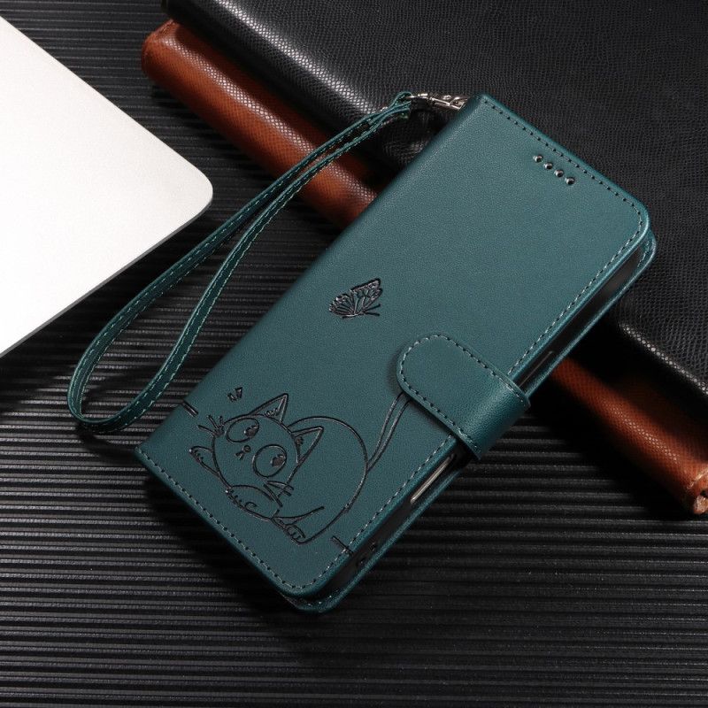 Kožený Kryt Samsung Galaxy S25 Fe Kočičí Potisk S Popruhem