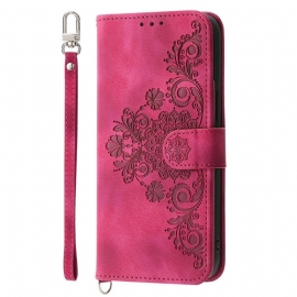 Kožený Kryt Samsung Galaxy S25 Fe Krajkový Potisk S Řemínkem A Ramenním Popruhem