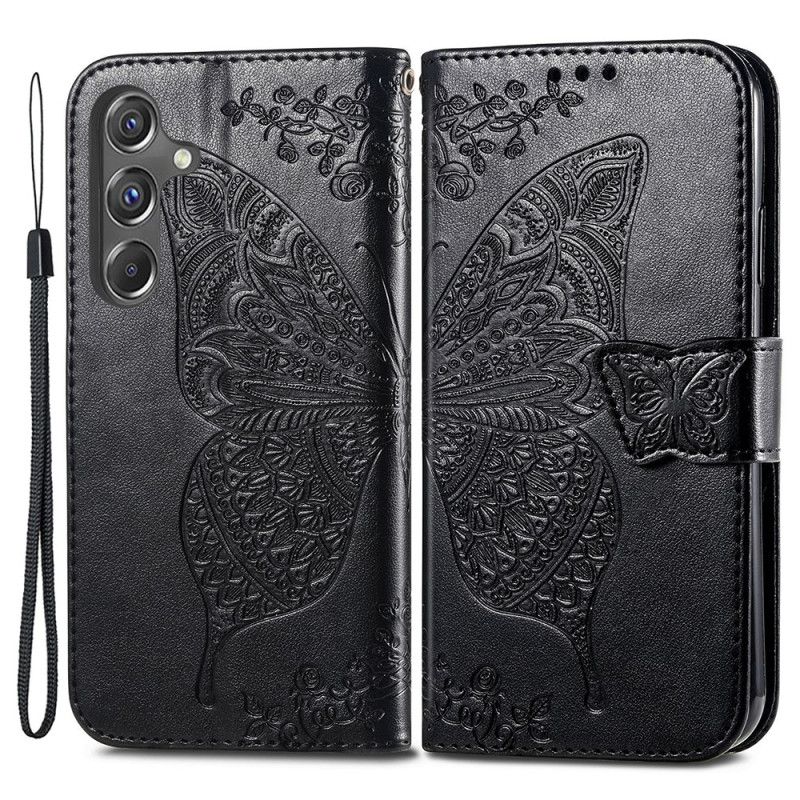 Kožený Kryt Samsung Galaxy A15 5g Barokní Motýl S Řemínkem