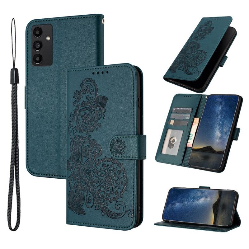Kožený Kryt Samsung Galaxy A15 5g Krajkový Květinový Vzor S Páskem