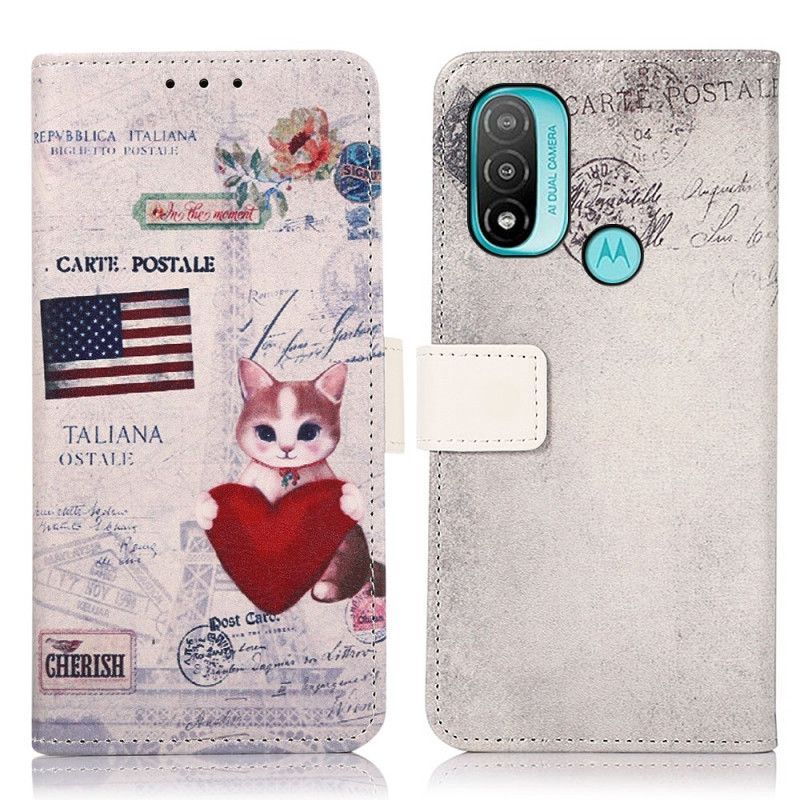 Kožené Pouzdro Na Moto E40 / E30 / E20 Kočka Cestovatel