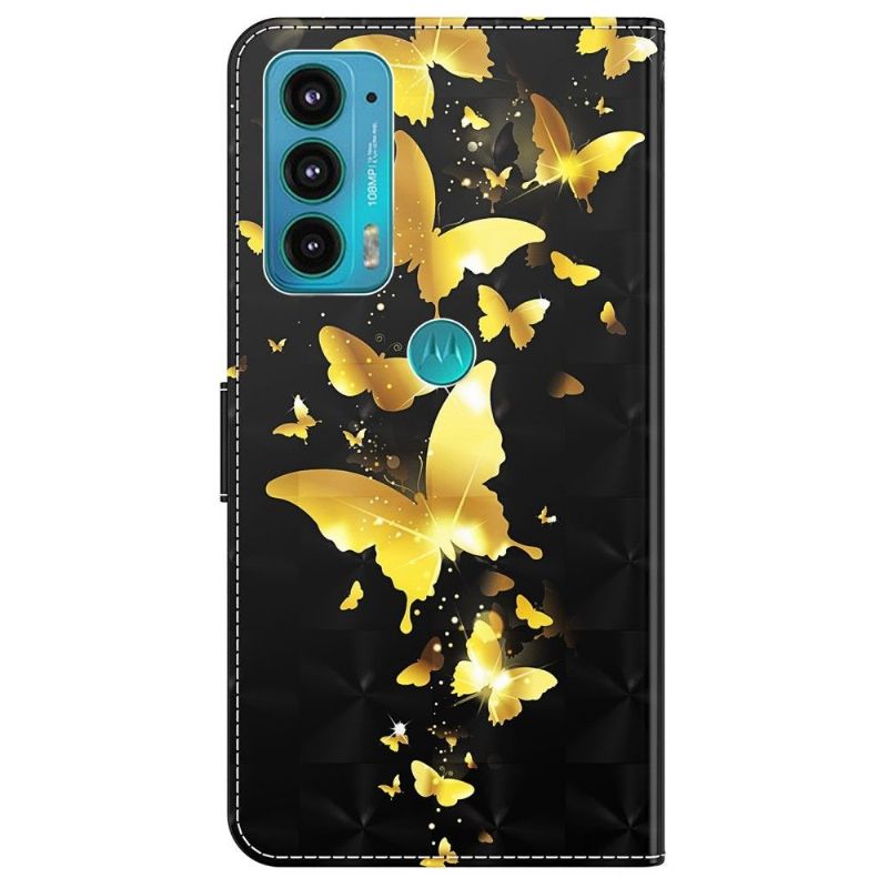Kožené Pouzdro Na Motorola Moto E20 / E30 / E40 Ilustrace Zlatých Motýlů