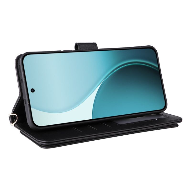 Kožený Kryt Na Oppo Reno 14 Pro 5g Prošívané S Řemínkem A Poutkem Na Zápěstí