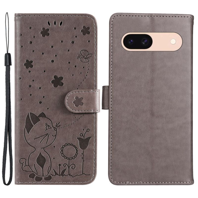Kožený Kryt Google Pixel 8a Kočka A Včely S Popruhem