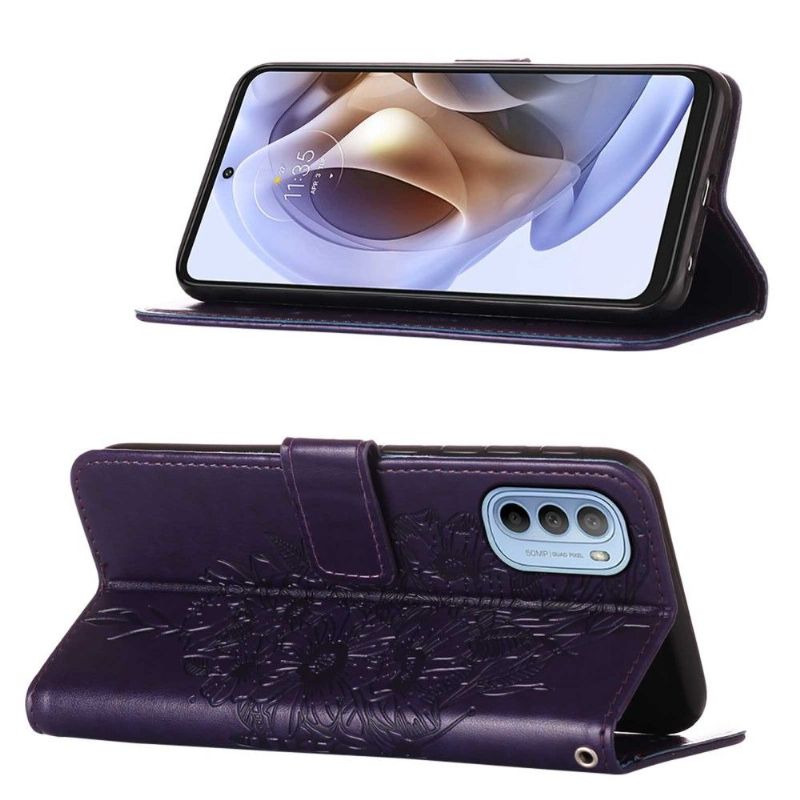 Flipové Pouzdro Na Motorola Moto G31 / Moto G41 Držák Karet S Motýlím Květem