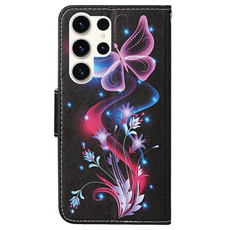 Kožený Kryt Na Samsung Galaxy S24 Ultra 5g Fluorescenční Motýli S Páskem