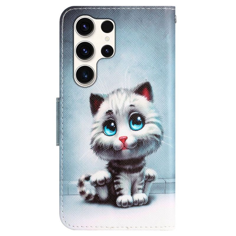 Kožený Kryt Na Samsung Galaxy S24 Ultra 5g Modrooká Kočka S Popruhem