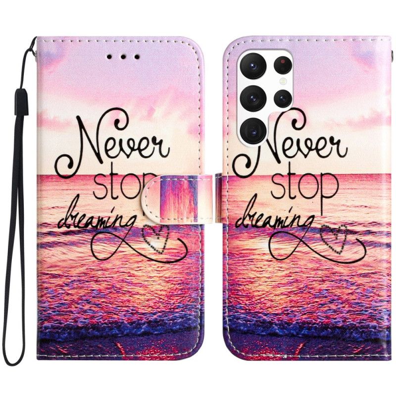 Kožený Kryt Na Samsung Galaxy S24 Ultra 5g Nikdy Nepřestávejte Snít S Popruhem