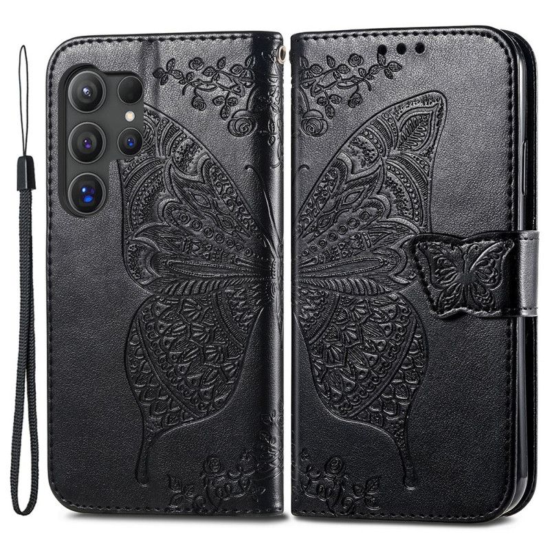 Kožený Kryt Samsung Galaxy S24 Ultra 5g Barokní Motýl S Řemínkem