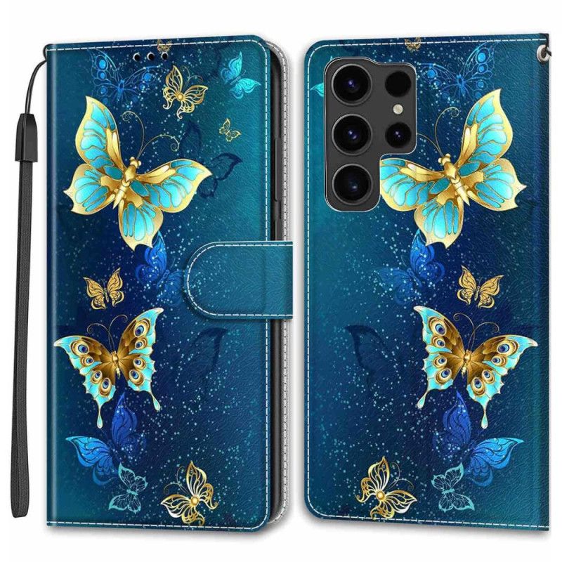 Kožený Kryt Samsung Galaxy S24 Ultra 5g Dva Motýli S Popruhem