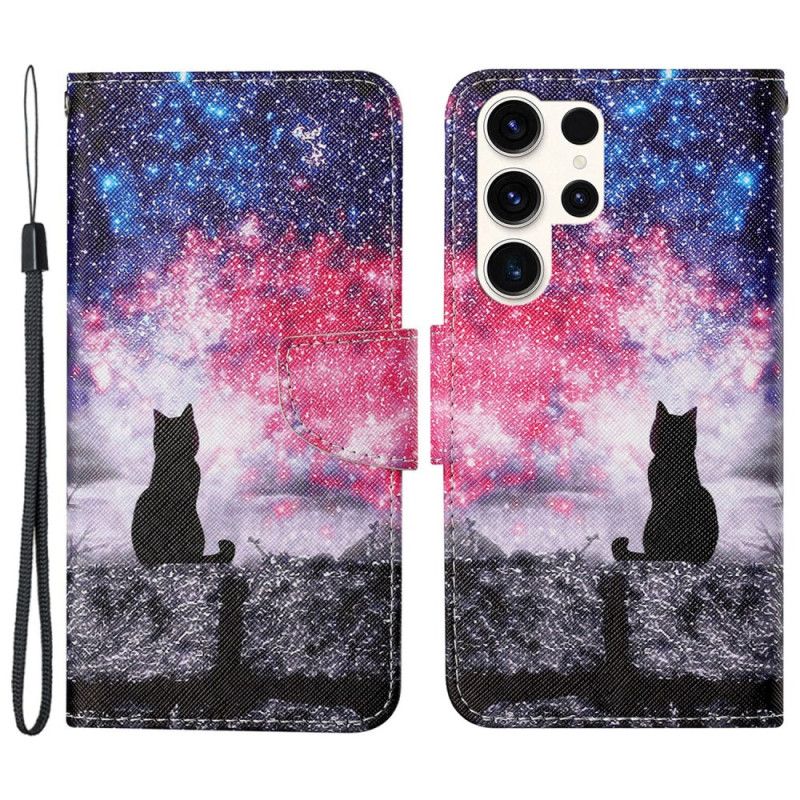 Kožený Kryt Samsung Galaxy S24 Ultra 5g Hvězdná Obloha A Lanyard Cat