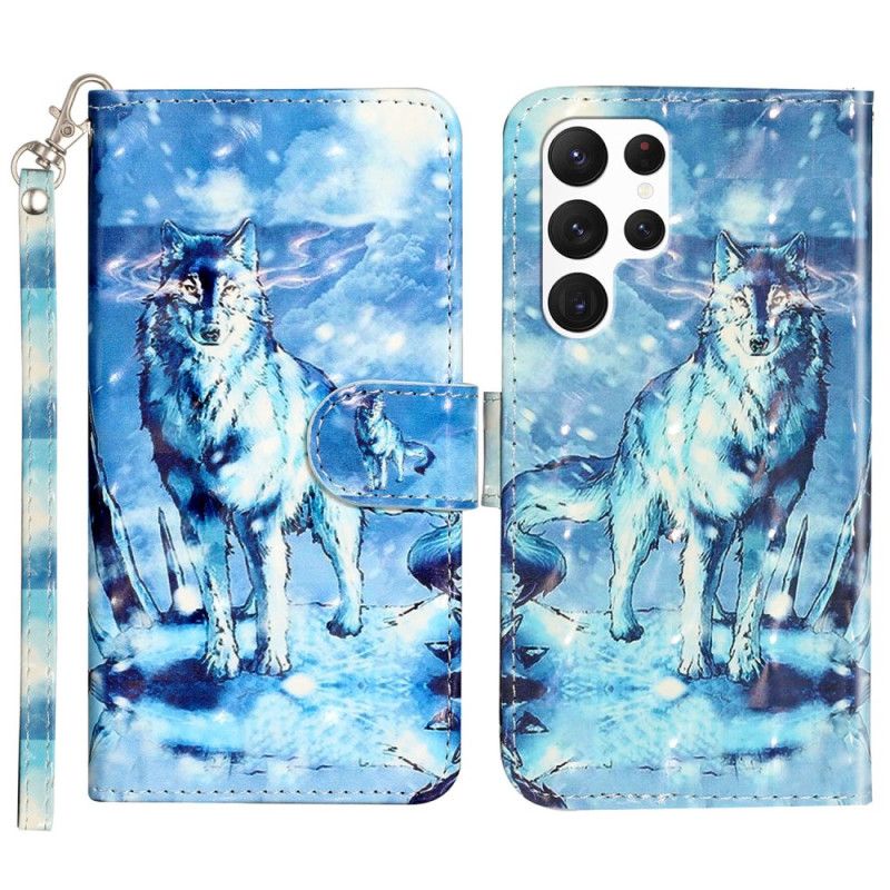 Kožený Kryt Samsung Galaxy S24 Ultra 5g Sněžný Vlk S Popruhem