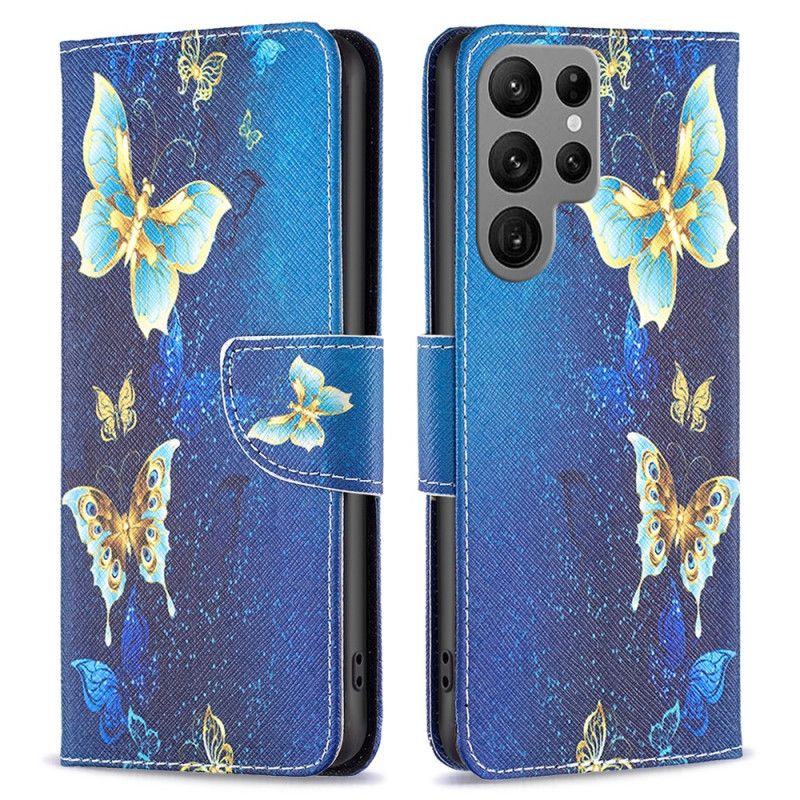 Peněženková Pouzdra Samsung Galaxy S24 Ultra 5g Kryty Na Mobil Zlatí Motýli Na Modrém Pozadí