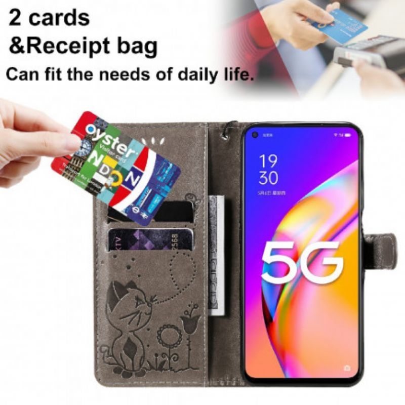 Kožené Pouzdro Na Oppo A54 5G / A74 5G Na Lana Kočka A Včela Se Šňůrkou