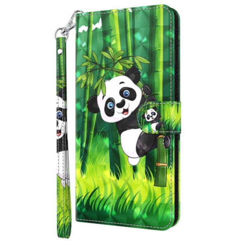 Kožené Pouzdro Na Oppo A54 5G / A74 5G Na Lana Panda A Bambus Se Šňůrkou