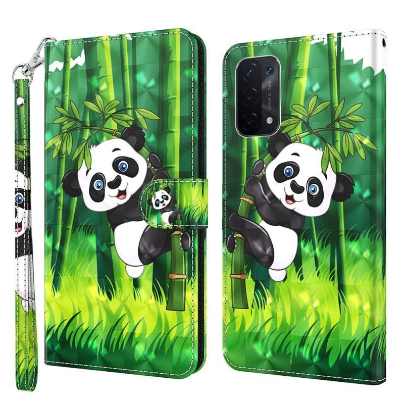 Kožené Pouzdro Na Oppo A54 5G / A74 5G Na Lana Panda A Bambus Se Šňůrkou