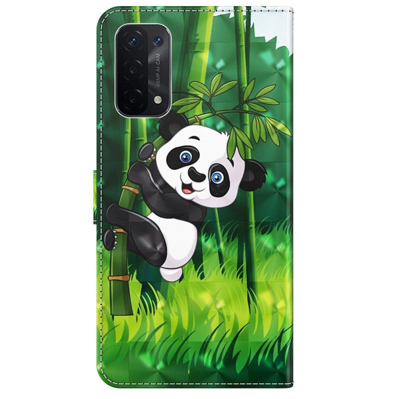 Kožené Pouzdro Na Oppo A54 5G / A74 5G Na Lana Panda A Bambus Se Šňůrkou