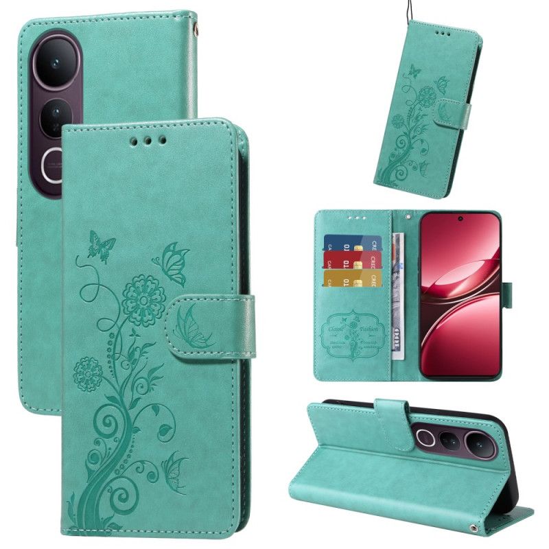 Kožený Kryt Vivo V50 Lite 5g Květinový Vzor Motýlů