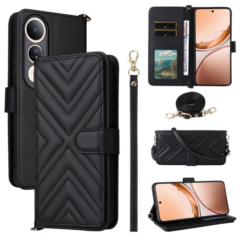 Kožený Kryt Vivo V50 Lite 5g Prošívaný S Šňůrkou A Ramenním Popruhem