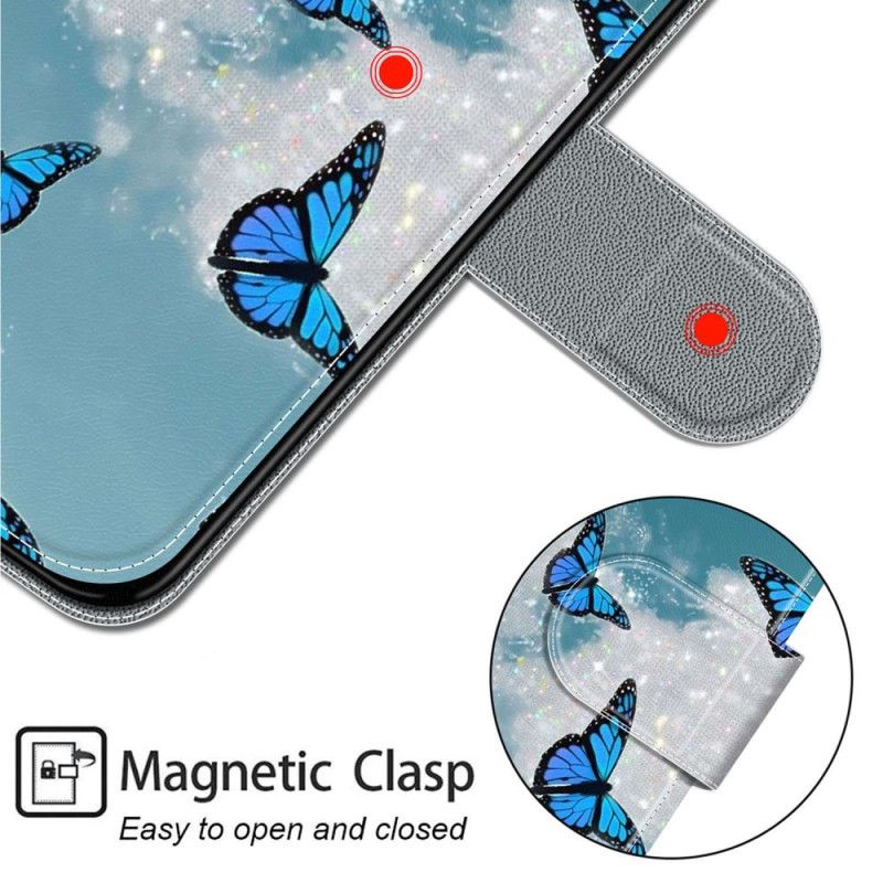 Kožený Kryt Na Samsung Galaxy S24 Plus 5g Bílý Oblak S Modrými Motýly S Popruhem