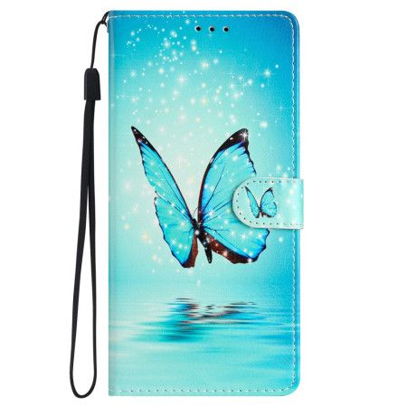 Kožený Kryt Samsung Galaxy S24 Plus 5g Modrý Motýl V Letu S Popruhem