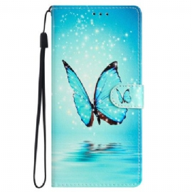 Kožený Kryt Samsung Galaxy S24 Plus 5g Modrý Motýl V Letu S Popruhem