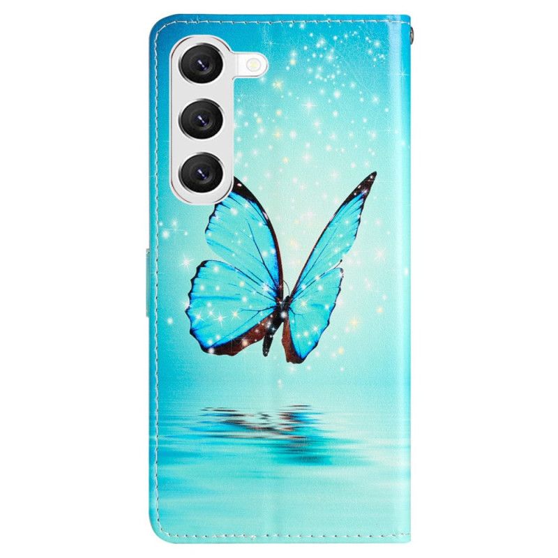 Kožený Kryt Samsung Galaxy S24 Plus 5g Modrý Motýl V Letu S Popruhem