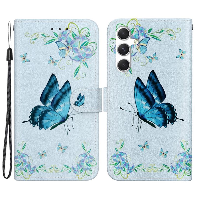 Peněženková Pouzdra Samsung Galaxy S24 Plus 5g Kryty Na Mobil Modrý Motýl A Květina S Popruhem