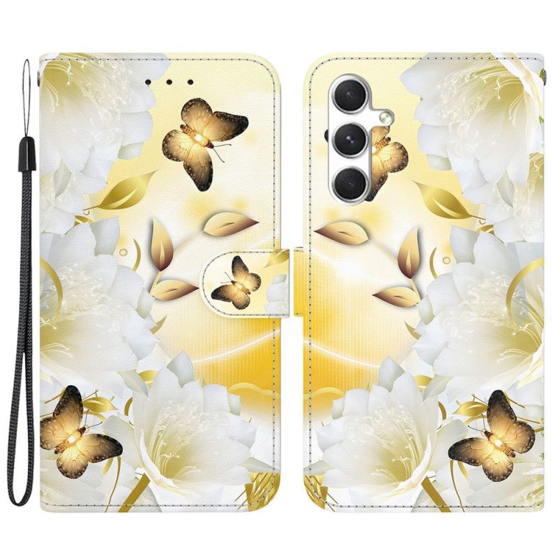 Peněženková Pouzdra Samsung Galaxy S24 Plus 5g Kryty Na Mobil Zlatí Motýli A Květiny S Popruhem