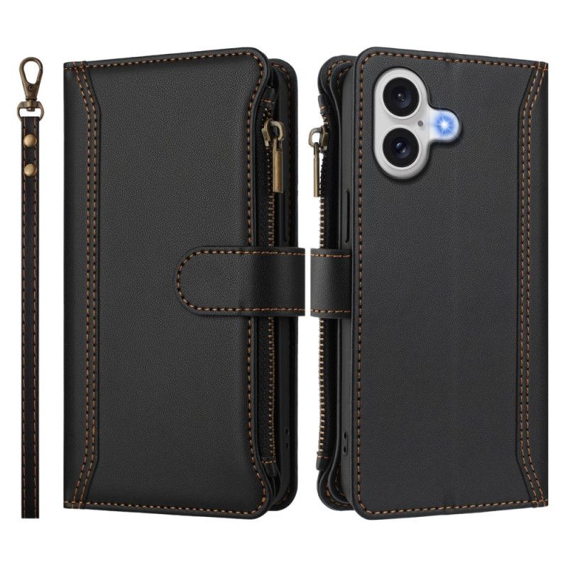 Kožený Kryt iPhone 17 Peněženka S 9 Sloty Na Karty A Poutkem Na Zápěstí