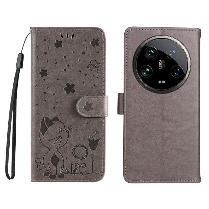 Kožený Kryt Na Xiaomi 14 Ultra Včely A Kočka S Popruhem