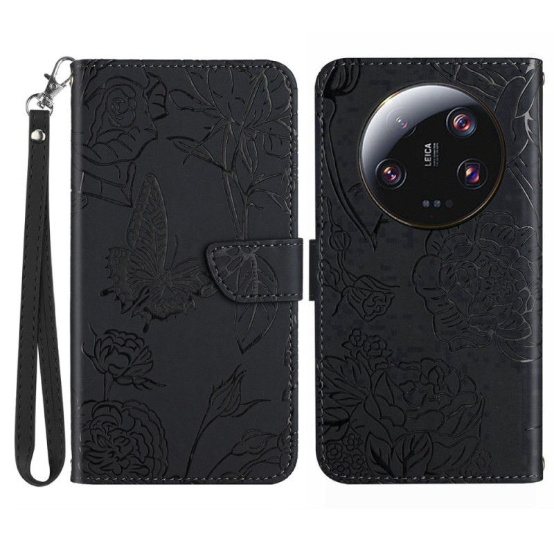 Kožený Kryt Xiaomi 14 Ultra Vzor Motýla S Páskem