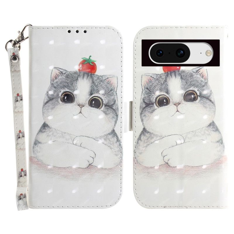 Kožený Kryt Na Google Pixel 8 Grafická Kočka Se Šňůrkou