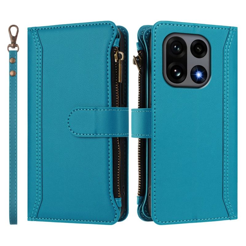 Kožený Kryt Oneplus 15 Peněženka S 9 Přihrádkami Na Karty A Popruhem